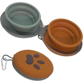 2-in-1 Collapsible Silicone Pet Bowl Double Compartment Non-Slip Dog Cat Dish for Travel with Carabiner Clip（Green Brown