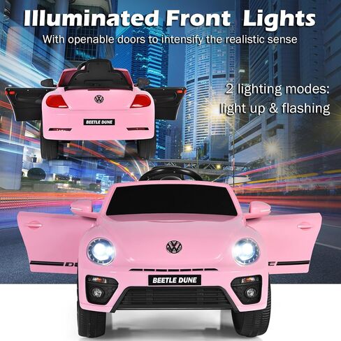 Costzon Ride on Car, 12V Licensed Volkswagen Beetle Battery Powered Vehicle w/Remote Control, Spring Suspension, Lights, USB, Horn, Music, 4 Wheeler for Boy Girl Gift, Electric Car for Kids, Pink in Saudi Arabia