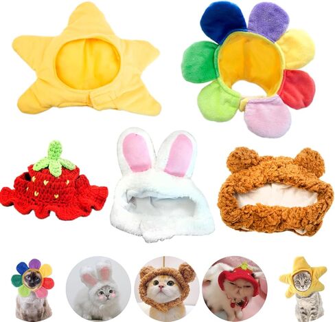 5 Pieces Cat Hat Adorable Cat Costume Outfit Bunny Hat with Ears Funny Mane Hat for Cats and Small Dogs Kitten Puppy Party Costume Accessory Headwear (Brown Bear-Flower-Starfish-Rabbit-Strawberry) in Kuwait
