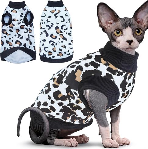 Idepet Cat Clothes Kitten Sweater Soft Kitten Shirt Cute Leopard Print Kitty Vest Pullover Pajamas Jumpsuit Cotton Apparel for Hairless Cats &Puppy (White,XS) in Saudi Arabia