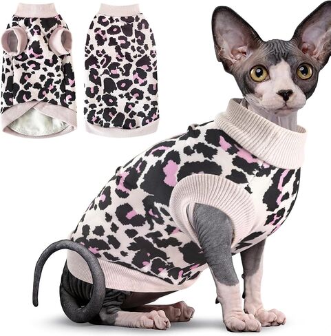 Idepet Cat Clothes Kitten Sweater Soft Kitten Shirt Cute Leopard Print Kitty Vest Pullover Pajamas Jumpsuit Cotton Apparel for Hairless Cats &Puppy (White,XS) in Saudi Arabia