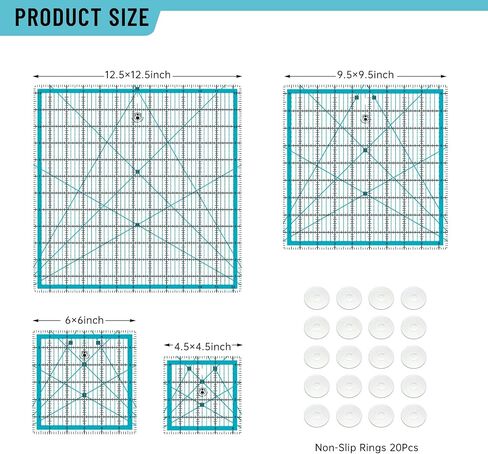 Headley Tools Quilting Rulers,4 Square Ruler Quilting Templates(4.5",6", 9.5",12.5"),Fabric Cutting Ruler Acrylic Rulers for Quilting and Sewing,with Non-Slip Rings 20 Pieces, Yellow in Saudi Arabia