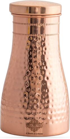 Indian Art Villa Pure Copper Bedroom Water Bottle With Inbuilt Glass & Hammered Shine Design, Drinkware, Storage Purpose, Volume-37 Oz in Saudi Arabia