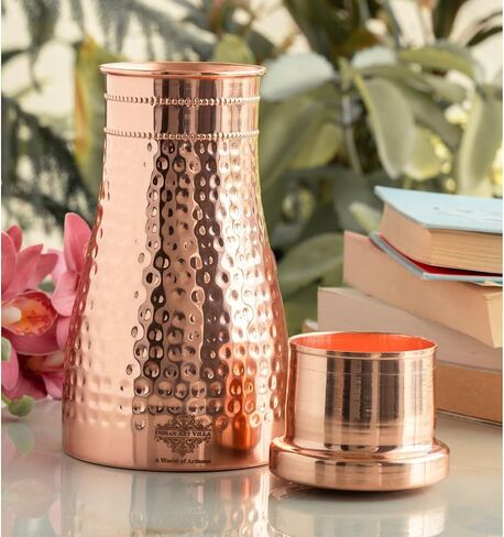 Indian Art Villa Pure Copper Bedroom Water Bottle With Inbuilt Glass & Hammered Shine Design, Drinkware, Storage Purpose, Volume-37 Oz in Saudi Arabia