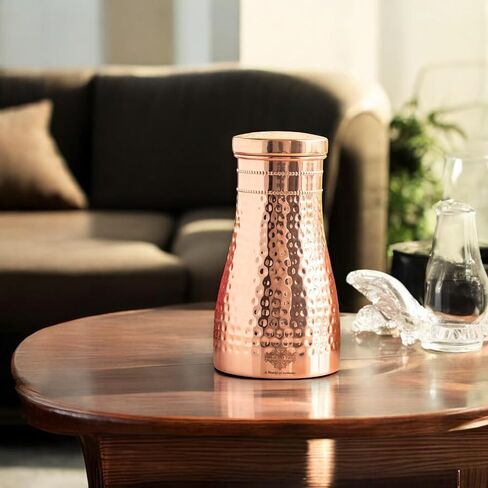 Indian Art Villa Pure Copper Bedroom Water Bottle With Inbuilt Glass & Hammered Shine Design, Drinkware, Storage Purpose, Volume-37 Oz in Saudi Arabia