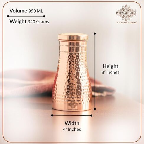 Indian Art Villa Pure Copper Bedroom Water Bottle With Inbuilt Glass & Hammered Shine Design, Drinkware, Storage Purpose, Volume-37 Oz in Saudi Arabia