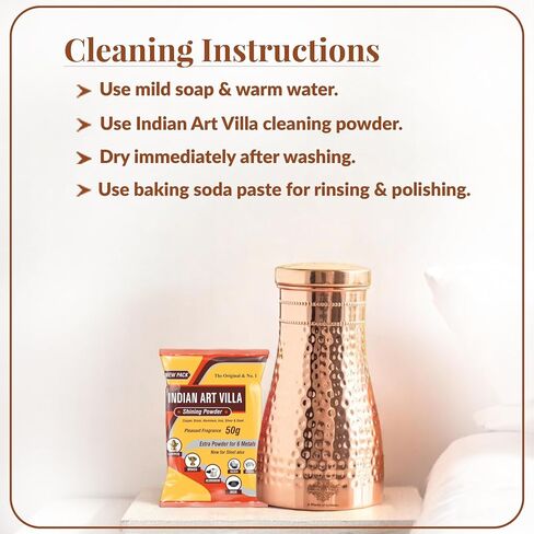 Indian Art Villa Pure Copper Bedroom Water Bottle With Inbuilt Glass & Hammered Shine Design, Drinkware, Storage Purpose, Volume-37 Oz in Saudi Arabia