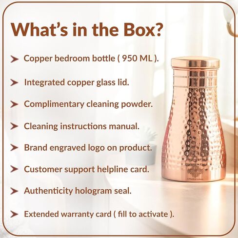 Indian Art Villa Pure Copper Bedroom Water Bottle With Inbuilt Glass & Hammered Shine Design, Drinkware, Storage Purpose, Volume-37 Oz in Saudi Arabia