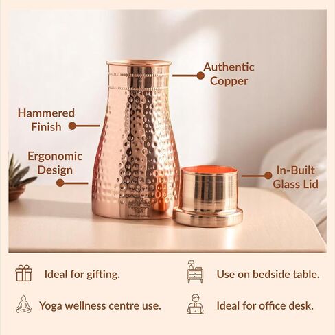 Indian Art Villa Pure Copper Bedroom Water Bottle With Inbuilt Glass & Hammered Shine Design, Drinkware, Storage Purpose, Volume-37 Oz in Saudi Arabia