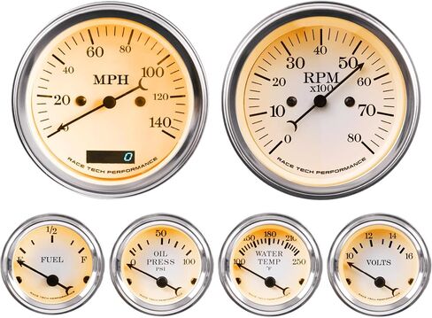 RaceTech Classic 1 Serious Mechanical 6 Gauge Set White Dial for Car's Instrument Cluster - Includes Speedometer & Tachometer - Volt, Fuel Level, Water Temperature & Oil Pressure Gauge in Kuwait