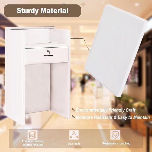 مكتب استقبال صغير مع ضوء مضاد LED ، مكتب الاستقبال الحديث مع درج قابل للقفل ، عداد الخروج من البيع بالتجزئة الأبيض لصالون تجميل متجر الملابس (الأبيض ، 37.8x23.6x15.7in) in Kuwait