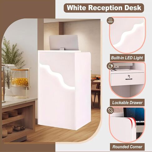 مكتب استقبال صغير مع ضوء مضاد LED ، مكتب الاستقبال الحديث مع درج قابل للقفل ، عداد الخروج من البيع بالتجزئة الأبيض لصالون تجميل متجر الملابس (الأبيض ، 37.8x23.6x15.7in) in Kuwait