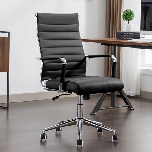 Office Desk Chair Leather, Conference Room Chairs with Wheels, Executive Modern High Back Ergonomic Swivel Rolling Ribbed Computer Chair in Saudi Arabia