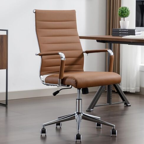 Office Desk Chair Leather, Conference Room Chairs with Wheels, Executive Modern High Back Ergonomic Swivel Rolling Ribbed Computer Chair in Saudi Arabia