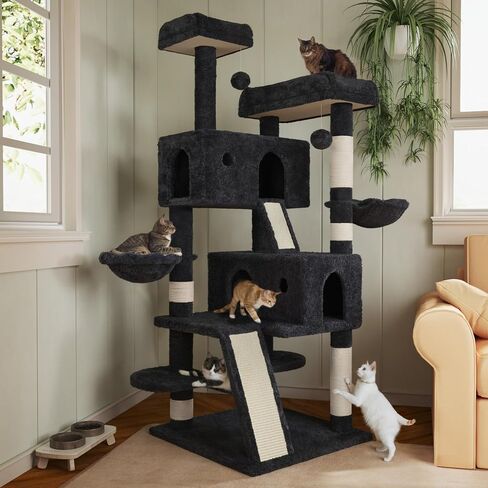 MUTICOR 66 Inches Multi-Level Large Cat Tree Tower for Indoor Big Feline/Cozy Plush Perches/Condo/Sisal Scratching Posts/Hammock and Baskets/Activity Center Play House/Wide Base/Dark Grey in Saudi Arabia