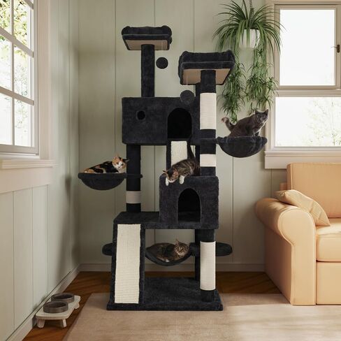 MUTICOR 66 Inches Multi-Level Large Cat Tree Tower for Indoor Big Feline/Cozy Plush Perches/Condo/Sisal Scratching Posts/Hammock and Baskets/Activity Center Play House/Wide Base/Dark Grey in Saudi Arabia