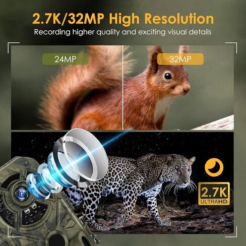 كاميرا XJwecavi Trail مع رؤية ليلية نشطة مقاومة للماء IP66 32MP 2.7K HD بدون توهج بالأشعة تحت الحمراء LED 2.0 بوصة LCD لمراقبة الحياة البرية في الهواء الطلق، كاميرات ألعاب كاميرا الصيد مع بطاقة مايكرو 32 جيجا مجانًا in Kuwait