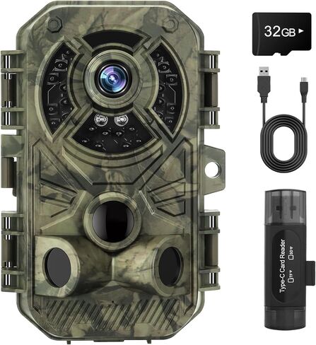 كاميرا XJwecavi Trail مع رؤية ليلية نشطة مقاومة للماء IP66 32MP 2.7K HD بدون توهج بالأشعة تحت الحمراء LED 2.0 بوصة LCD لمراقبة الحياة البرية في الهواء الطلق، كاميرات ألعاب كاميرا الصيد مع بطاقة مايكرو 32 جيجا مجانًا in Kuwait