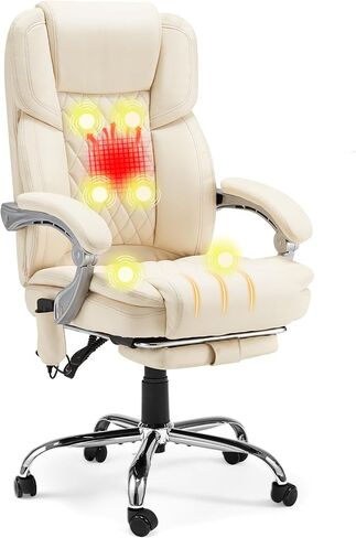 HOMREST Executive Office Chair with Footrest, 6-Point Massage Office Chair with Reclining Backrest, Heated Leather Computer Chair for Home Office(Cream) in Kuwait