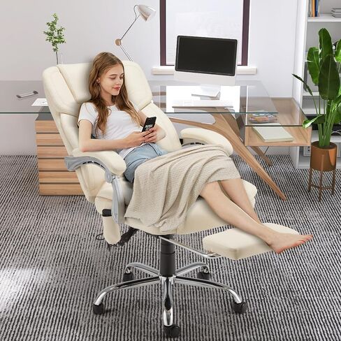 HOMREST Executive Office Chair with Footrest, 6-Point Massage Office Chair with Reclining Backrest, Heated Leather Computer Chair for Home Office(Cream) in Kuwait