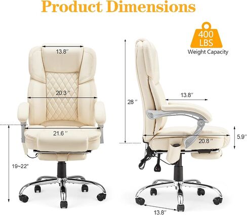 HOMREST Executive Office Chair with Footrest, 6-Point Massage Office Chair with Reclining Backrest, Heated Leather Computer Chair for Home Office(Cream) in Kuwait