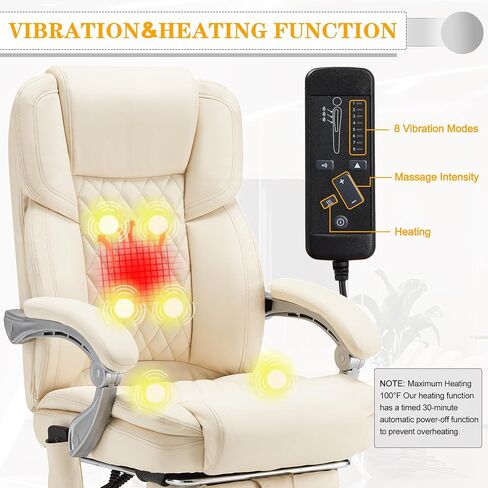 HOMREST Executive Office Chair with Footrest, 6-Point Massage Office Chair with Reclining Backrest, Heated Leather Computer Chair for Home Office(Cream) in Kuwait