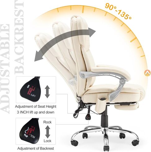 HOMREST Executive Office Chair with Footrest, 6-Point Massage Office Chair with Reclining Backrest, Heated Leather Computer Chair for Home Office(Cream) in Kuwait