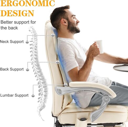 HOMREST Executive Office Chair with Footrest, 6-Point Massage Office Chair with Reclining Backrest, Heated Leather Computer Chair for Home Office(Cream) in Kuwait