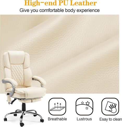 HOMREST Executive Office Chair with Footrest, 6-Point Massage Office Chair with Reclining Backrest, Heated Leather Computer Chair for Home Office(Cream) in Kuwait