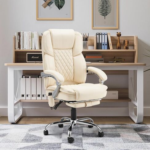 HOMREST Executive Office Chair with Footrest, 6-Point Massage Office Chair with Reclining Backrest, Heated Leather Computer Chair for Home Office(Cream) in Kuwait