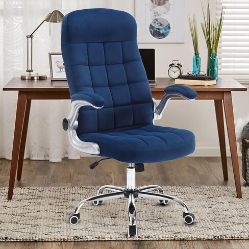 High Back Fabric Office Chair Blue, Velvet Executive Desk Chair with Flip-Up Arms, Ergonomic Office Chairs with Lumbar Support, Upholstered Home Computer Chair with Wheels in Saudi Arabia