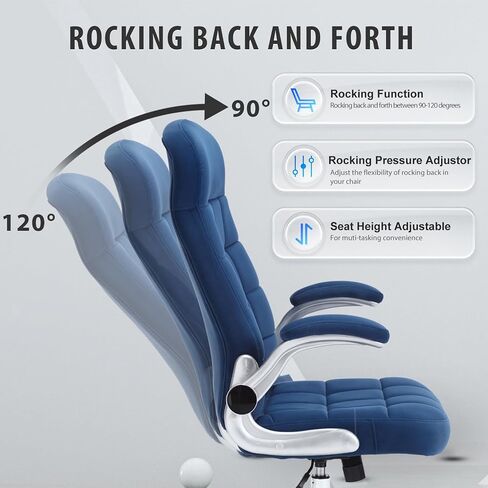 High Back Fabric Office Chair Blue, Velvet Executive Desk Chair with Flip-Up Arms, Ergonomic Office Chairs with Lumbar Support, Upholstered Home Computer Chair with Wheels in Saudi Arabia