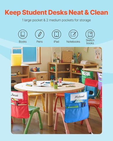 VEVOR Chair Pockets for Classroom, 24 Pack, 14 x 15 Inches Chairback Buddy Pocket with Name Tag, 6 Bright Colors, Back of Chair Organizer for Kids in Classroom, Kindergarten, School, and Home in Saudi Arabia