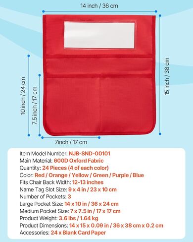 VEVOR Chair Pockets for Classroom, 24 Pack, 14 x 15 Inches Chairback Buddy Pocket with Name Tag, 6 Bright Colors, Back of Chair Organizer for Kids in Classroom, Kindergarten, School, and Home in Saudi Arabia