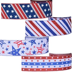 10 Yards Patriotic Wired Ribbon 2.5 Inch Red White Blue Stars & Stripes Flag Ribbon for 4th of July Crafts, Firework Party Decor, Memorial Day Wreaths, Patriotic DIY & Independence Day Parades