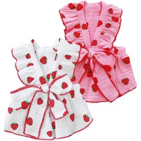 ANIAC 2PCS Small Dog Dresses Female Pink Cat Outfit with Bow Decor Cute Strawberry Puppy Dog Clothes for Girls with D-Ring Summer Pet Harness Dress (White Pink, X-Small)