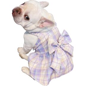 Moorfowl French Bulldog Purple Plaid Slip Dress with Bowknot Summer Vest Skirt for Pug Corgi Doggie Party Sundress Fashion Outfits (XL(Back 14.56", Chest 25.19"))
