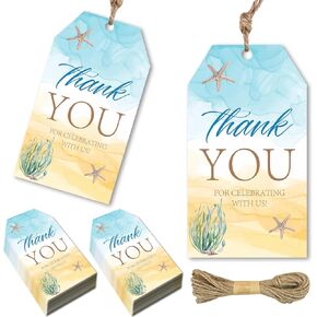 Nautical Ocean Coastal Thank You Tags - 50 Labels with Seaweed Starfish Summer Boho Tropical Beach Themed Gift Tags for Birthday Bridal Shower Baby Shower Party Supplies