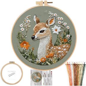 FONNUY Printed Deer and Floral Embroidery Kit with Hoop, Cross Stitch Kits for Beginners, Handmade Crafts, Easy to Follow Color Thread Needlework, 8'' Hoop (Deer and Blossoms)