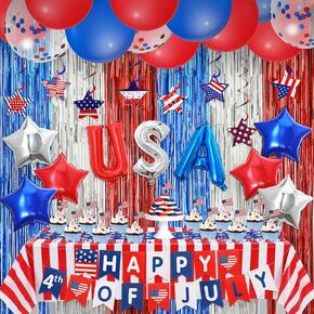 4th of July Decorations Include Red White and Blue Backdrop Hanging Swirl Banner USA Flag Cupcake Toppers Tablecloths Balloons for Fourth of July Independence Day Memorial Day Patriotic Decor