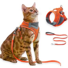 Cat Harness and Leash Set for Comfortable Outdoor Walking, Escape Proof, Adjustable Soft Kitten Vest Harness with Reflective Strip for Cats, Small Dogs (Orange, M)