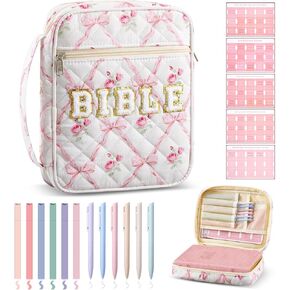 Quilted Bible Cover Case for Women Large Carrying Bag with Organizer Tabs 6 Colored Pens 6 Highlighters Book Tote Bags with Handle Bible Study Supplies Christian Gifts(Pink Bow)