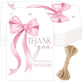 G2PLUS Pink Bow Thank You Tags, Bowknot Gift Tags for Baby Shower, 50Pcs White Paper Thank You for Celebrating with Me Labels Hanging Tag for Bridal Shower, Wedding, Birthday Party Favors