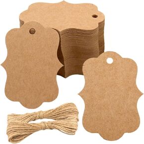 joycraft 100Pcs White Paper Tags, 2.7x2 inch Blank Paper Tags with String, Scalloped Price Labels, Blank Gift Hangtags for Gift Wrapping, Wedding, Merchandise, DIY Craft, Party Favor