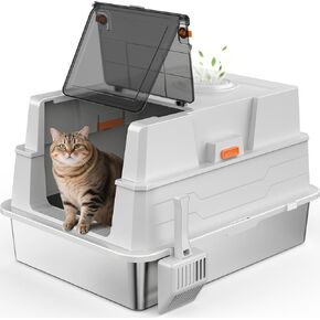 Extra Large Stainless Steel Litter Box with Lid, XXXL Giant Metal Enclosed Cat Litter Boxes for Big and Multiple-Cats, High Sides Enclosure Anti-Urine Leakage Non-Sticky, Easy to Scoop