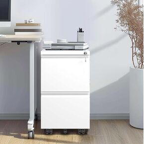 Mobile File Cabinet with Lock - 2 Drawer Rolling Organizer for Home Office, Stylish Metal Design in Antique White