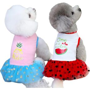 HDKUW 2PCS Princess Dog Dresses, Fruit Pattern Tulle Puppy Skirt Pet Apparel Dog Tutu Outfit, Birthday Dresses Sleeveless Holiday Clothes for Small Dogs Girls and Cats M