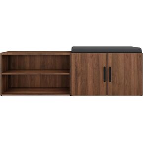 Uplift Desk MoPac Credenza (Walnut) with Black Handles, Black Base, and Gray Cushion
