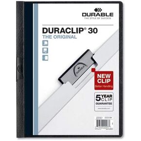 Vinyl DuraClip Report Cover w/Clip, Letter, Holds 30 Pages, Clear/Black, 25/Box
