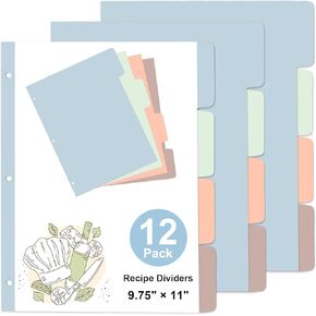 12 Sheet Recipe Dividers for 3 Ring Binder with 4 Tabs 9 3/4"×11" Paper Recipe Binder Dividers Blank Recipe Organizer Personalized Family Recipe Binder for Kitchen (Morandi)